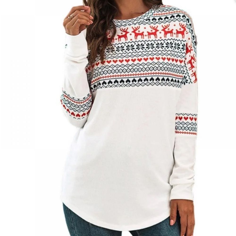 Camisa cute white sweater top with cute red and blue holiday designs.